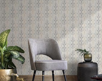 Modern Geometric Leaves Wallpaper in Blue and Beige on Beige - Peel and Stick - C336