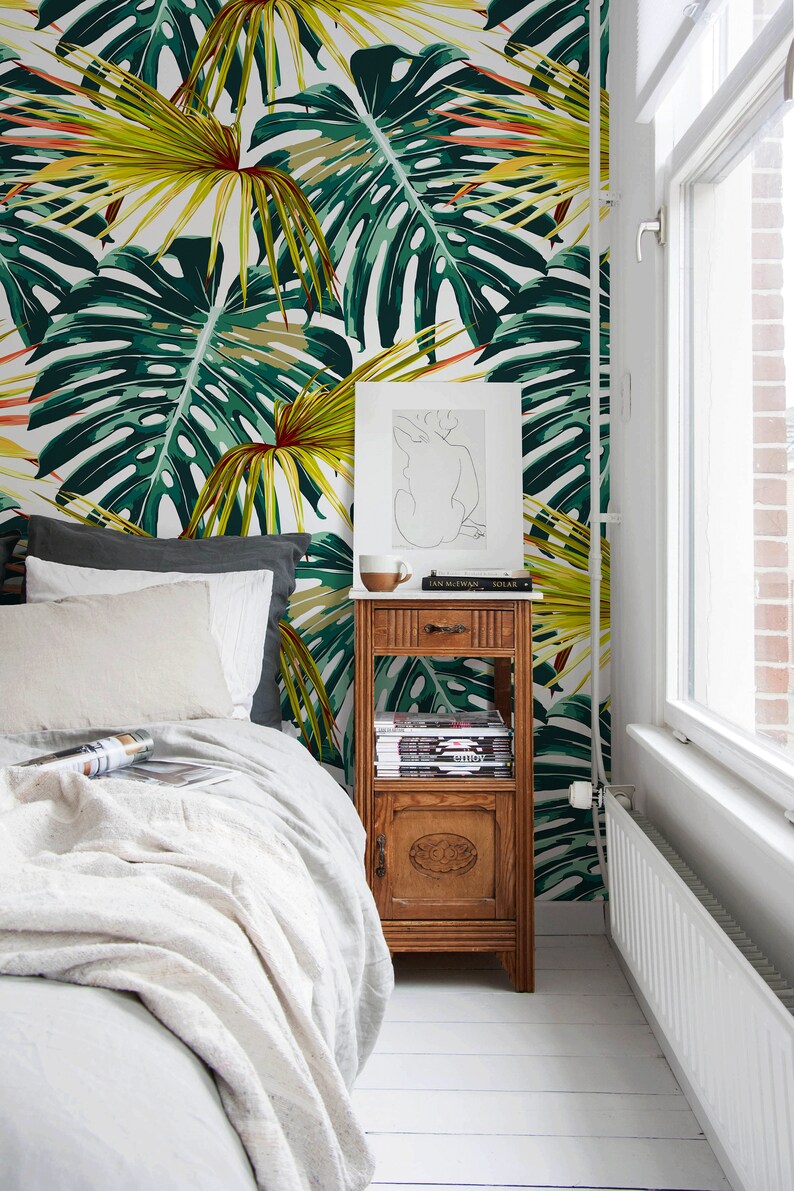 Monstera Leaf Wallpaper Removable Walldecor Peel and Stick Etsy