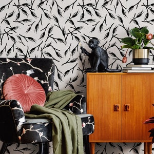 Wallpaper Peel and Stick Wallpaper Removable Wallpaper Home Decor Wall Art Wall Decor Room Decor / Black and White Leaves Wallpaper - B056