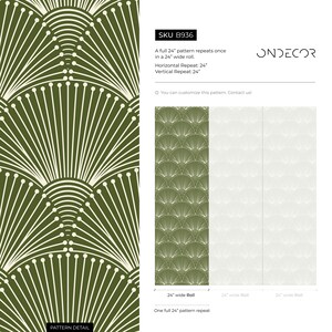 K&ouml;nnte beinhalten: Ein gr&uuml;nes und wei&szlig;es geometrisches Muster mit einem sich wiederholenden Design aus stilisierten F&auml;cher. Das Muster wird in einer 61 cm breiten Rolle und einer Nahaufnahme gezeigt. Der Text "SKU B936" und "ONDECOR" ist ebenfalls sichtbar.