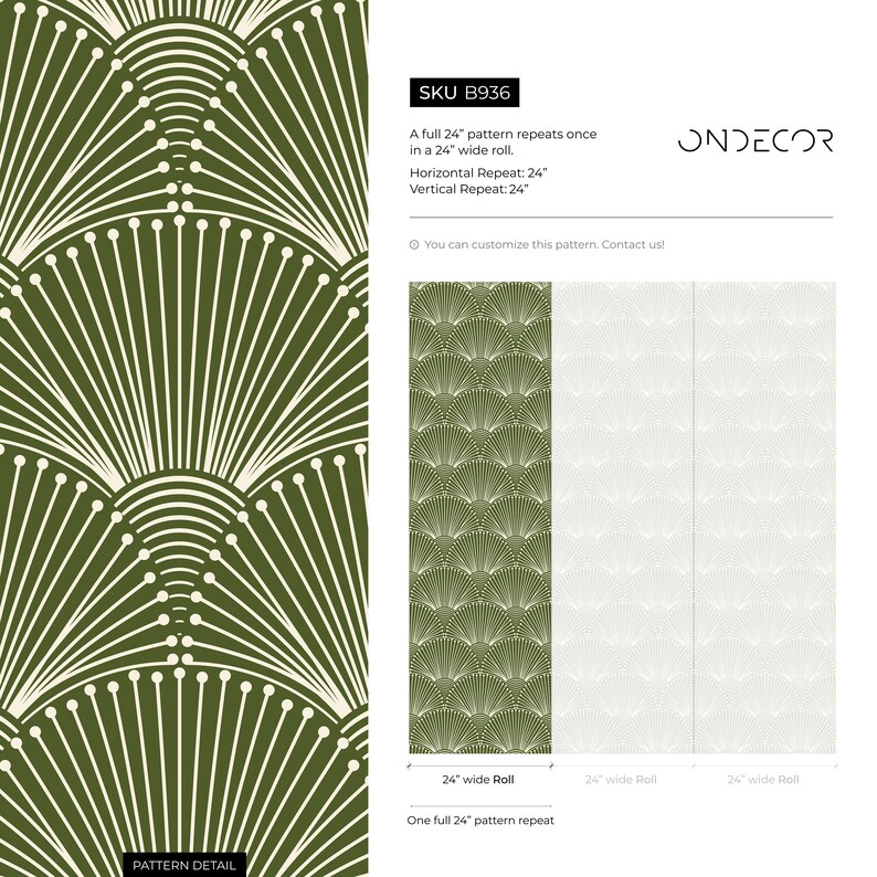 K&ouml;nnte beinhalten: Ein gr&uuml;nes und wei&szlig;es geometrisches Muster mit einem sich wiederholenden Design aus stilisierten F&auml;cher. Das Muster wird in einer 61 cm breiten Rolle und einer Nahaufnahme gezeigt. Der Text "SKU B936" und "ONDECOR" ist ebenfalls sichtbar.