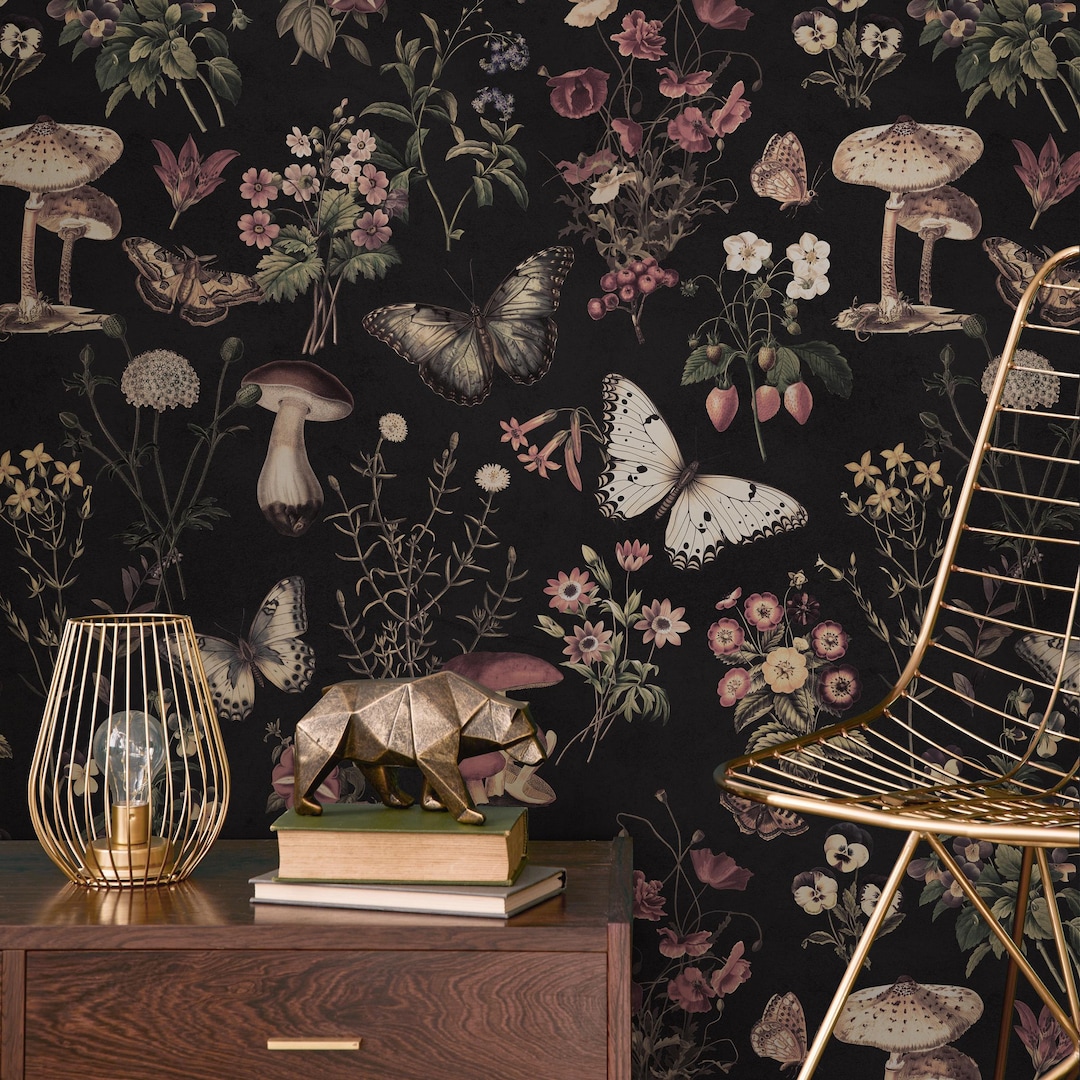 Dark Botanical Wallpaper With Moths and Mushrooms in Pink and Beige ...