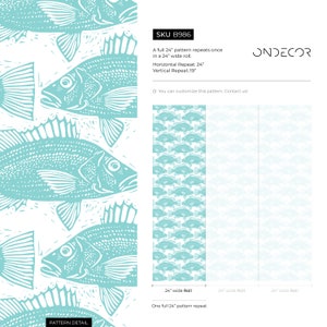 May include: A teal blue and white repeating pattern of fish on a white background. The pattern is 24 inches wide and repeats once in a 24 inch roll. The pattern has a horizontal repeat of 24 inches and a vertical repeat of 19 inches. The text "SKU B986" and "ONDECOR" is visible in the image.