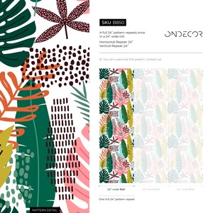 May include: A tropical leaf pattern with green, pink, orange, and brown leaves on a white background. The pattern repeats every 24 inches. SKU B850. ONDECOR.