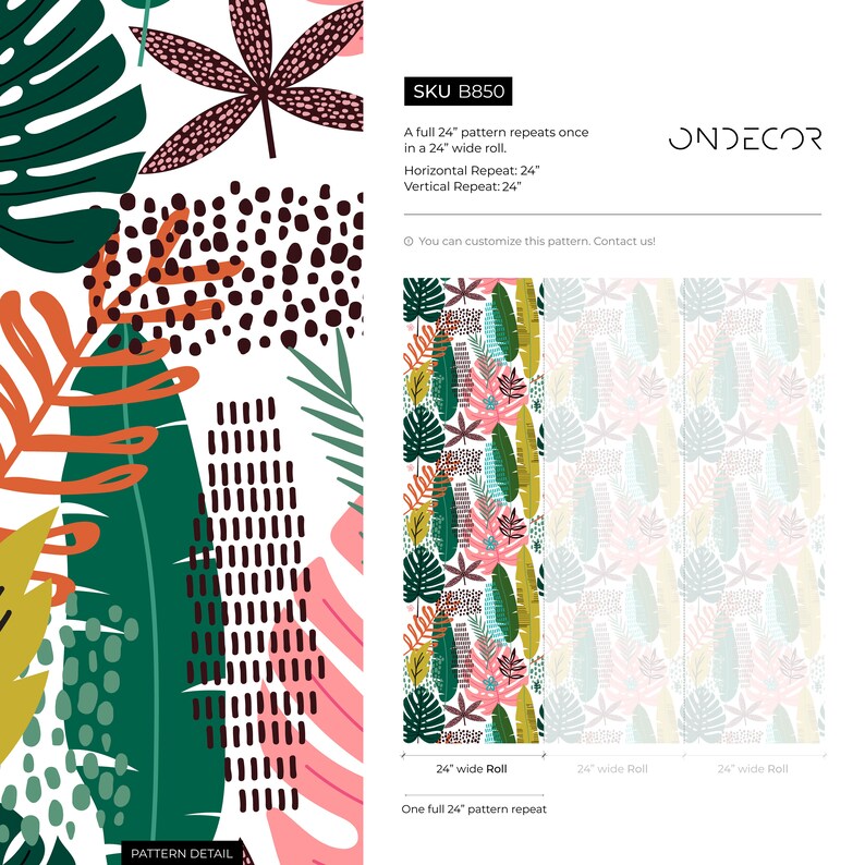 May include: A tropical leaf pattern with green, pink, orange, and brown leaves on a white background. The pattern repeats every 24 inches. SKU B850. ONDECOR.