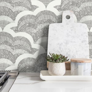 Wallpaper Peel and Stick Wallpaper Removable Wallpaper Home Decor Wall Art Wall Decor Room Decor / Gray Boho Scallop Wallpaper - C513