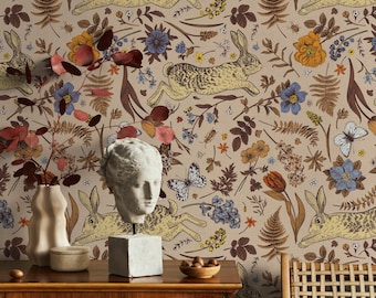 Woodland Wallpaper with Vintage Rabbits and Florals in Blue, Brown, and Orange - E582