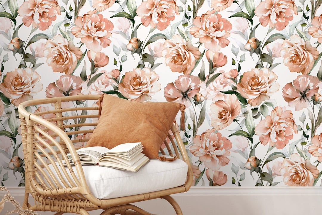 Floral Wallpaper With a Vintage Peony Motif in Pink and Green - D530 - Etsy