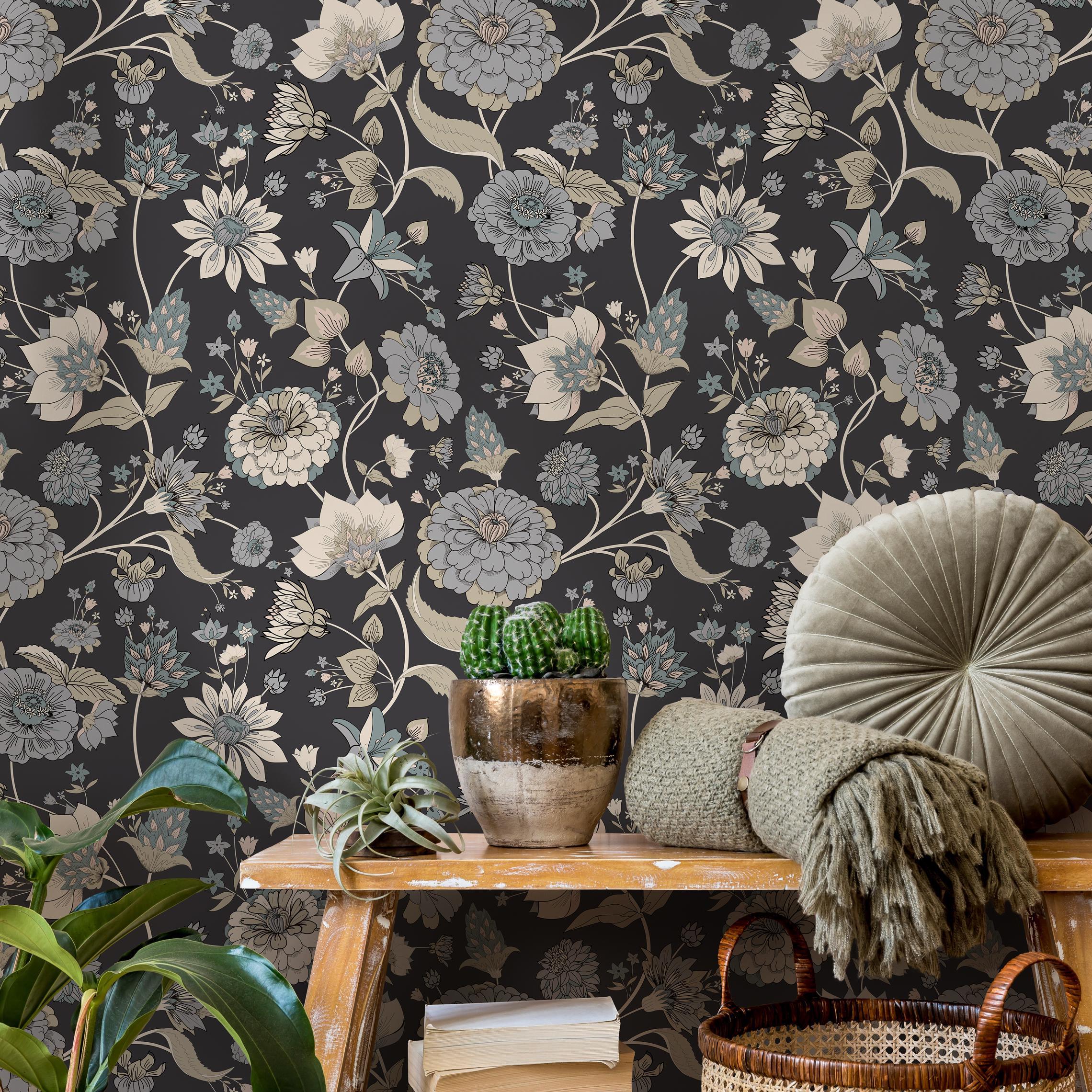 Victorian Floral Blue & Gray Wallpaper - C329