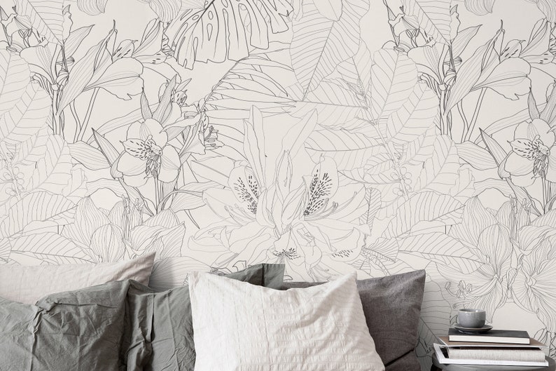 Wallpaper Peel and Stick Wallpaper Removable Wallpaper Home Decor Room Decor / Neutral Boho Wallpaper Tropical Floral Wallpaper C095 image 5