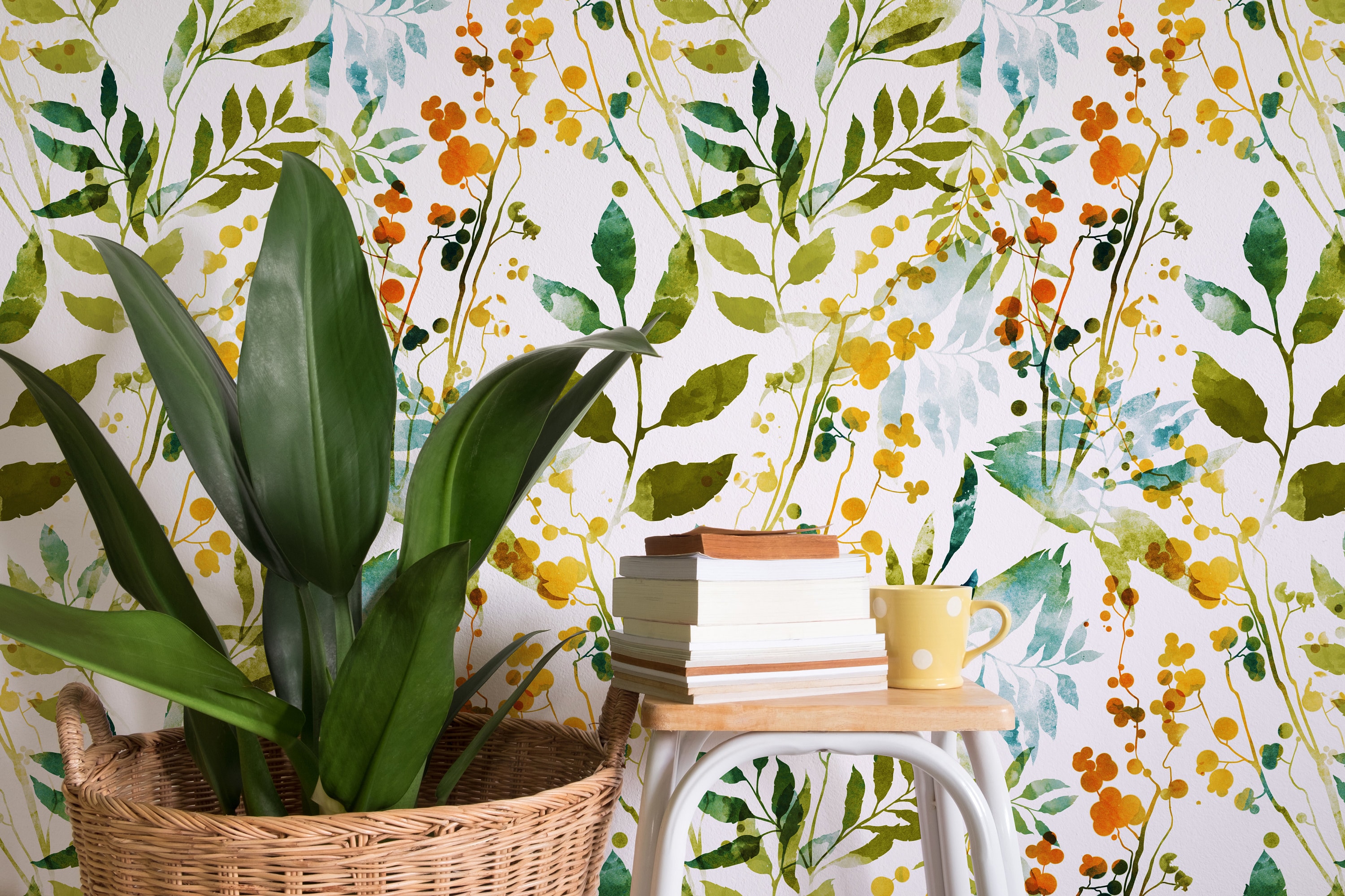 Boho Floral Removable Wallpaper Watercolor Leaves Etsy