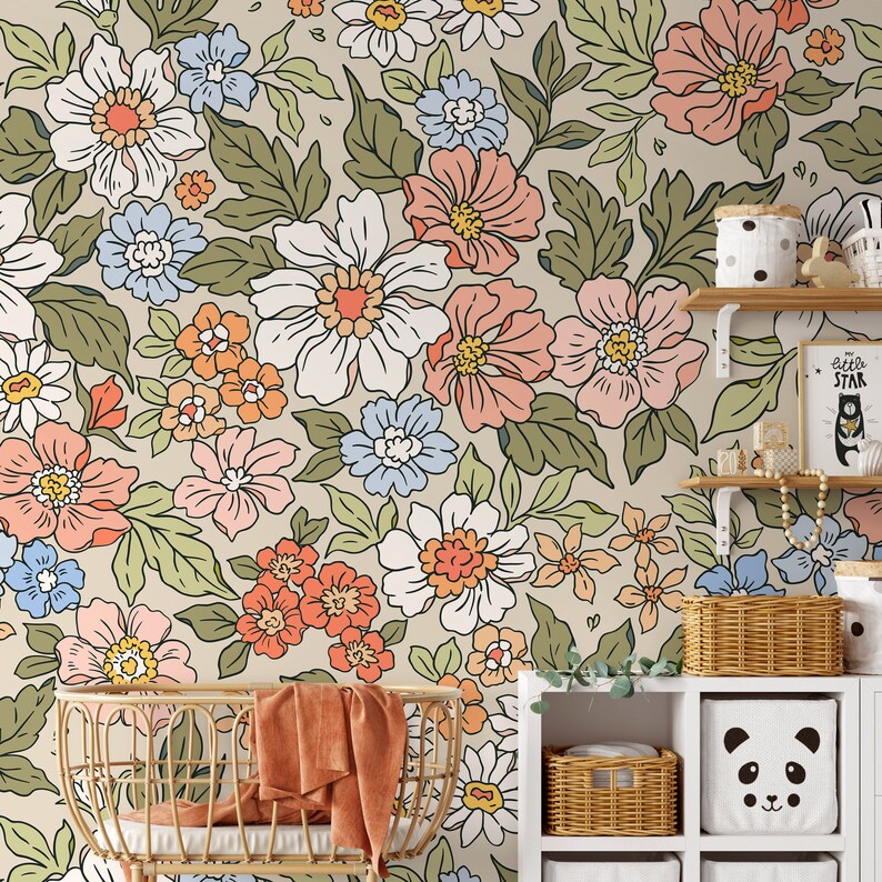 Annete Vintage Meadow Flowers Mural Large Scale Wallpaper Floral Peel and Stick Removable Repositionable or Traditional Pre-pasted ZACH image 4