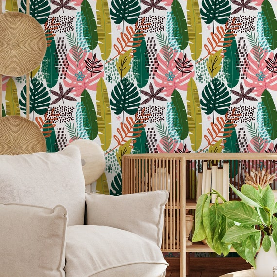 Wallpaper Peel and Stick Wallpaper Removable Wallpaper Home Decor Wall Art Wall Decor Room Decor / Colorful Boho Leaves Wallpaper - B850