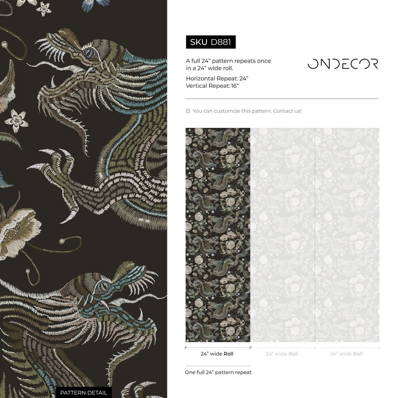 Dragon and Roses Wallpaper Chinoiserie Wallpaper Peel and Stick and Traditional Wallpaper D881 image 6