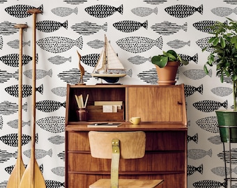 Fish Wallpaper Featuring Stylized Motifs in Black and White - C084
