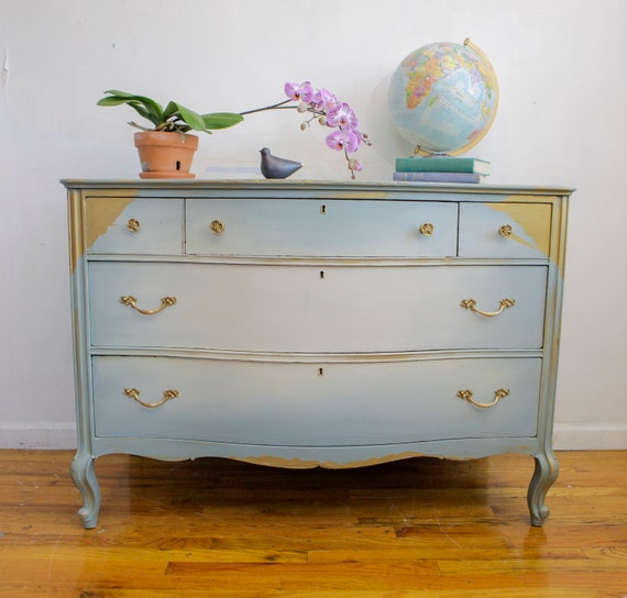 Sold Antique Dresser Vintage Dresser Blue And Gold Dresser Etsy