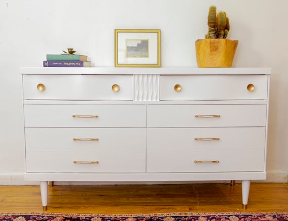 Sold Mid Century Modern Painted Dresser White And Gold Etsy