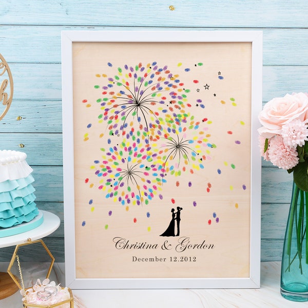 Thumb Print Wedding Guest Book Alternative, Custom Wedding Tree Guestbook with Frame, Couple & Fingerprint Wedding Tree Fireworks D023