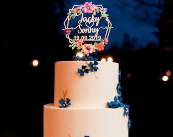 Wedding Cake Topper, Custom Mr & Mrs Cake Topper with Bride and Groom Name or Initial, Personalized Flower Cake Topper, Birthday Cake Topper