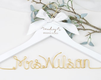 Personalized Wedding Hanger with First Name, Title and Date Laser Engraved, Custom Bridal Shower Gift, Wire Name Bridal Hanger, Mrs Hanger