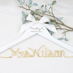 Personalized Wedding Hanger with First Name, Title and Date Laser Engraved, Custom Bridal Shower Gift, Wire Name Bridal Hanger, Mrs Hanger