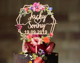 Custom Wedding Cake Topper with Floral Wreath Boho Frame, Bride & Groom Names Cake Topper with Date, Flowers Art Deco Wedding Centerpiece