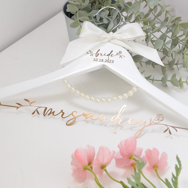 Personalized Wedding Hanger with Stainless Steel Name, Laser Cut, Flower Decoration - Engraved Title & Wedding Date - Perfect Bridal Gift