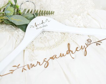 Personalized Wedding Hanger with Stainless Steel Name, Laser Cut, Flower Decoration - Engraved Title & Wedding Date - Perfect Bridal Gift