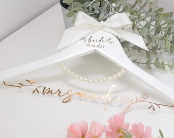 Personalized Wedding Hanger with Stainless Steel Name, Laser Cut, Flower Decoration - Engraved Title & Wedding Date - Perfect Bridal Gift