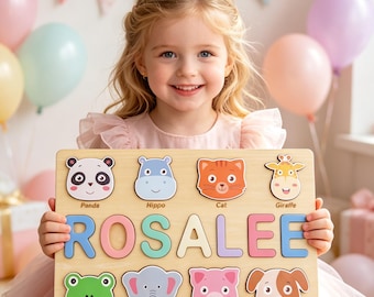 Puzzle in legno personalizzato con nome, animali, giocattolo personalizzato per neonati, decorazione per la cameretta.