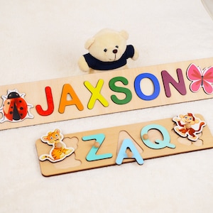 Rompecabezas de nombre personalizado para niños pequeños con clavijas, regalo de cumpleaños para niños de 1er cumpleaños para niñas, regalo de baby shower, regalo de Navidad personalizado de decoración de guardería