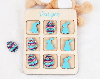 Pascua Tic Tac Toe, Rellenos de cesta, Regalo de Pascua para niños, Rellenos de cesta, Juego de niños de madera, Regalo personalizado para niñas, Tablero de Tic Tac Toe