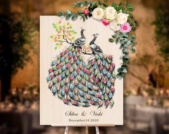Personalized Wedding Guest Book Alternative - Peacock Theme - Thumbprint Signatures - Unique Wedding Keepsake, Unforgettable Wedding Gift