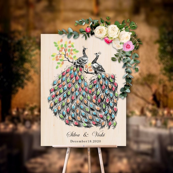 Personalized Wedding Guest Book Alternative - Peacock Theme - Thumbprint Signatures - Unique Wedding Keepsake, Unforgettable Wedding Gift