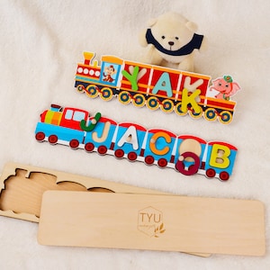 Train Custom Name Puzzle for Tolddler, Name Puzzle with Pegs & Gift box, Wooden Montessori Toy Personalized Baby Shower Gift 2nd Birthday