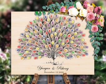 Peacock Wedding Guest Book Alternative, Custom Guestbook for Wedding Sign Personalized Rustic Wooden Thumb Finger Print Guest Book Signature