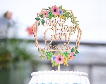 Floral Wedding Cake Topper: Geometric Flower Wreath, Personalized Wood