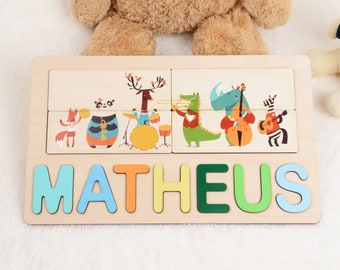Toddlers Name Puzzle with Pegs & Animals Band, Montessori Child Toys, Custom Baby Shower Gift 1st Birthday, Nursery Decor Christmas Present