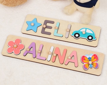 Regalo de bebé personalizado, regalo de primer cumpleaños, regalo de bebé recién nacido, rompecabezas de nombre de madera personalizado con clavijas, regalo de baby shower, juguete con mariposa