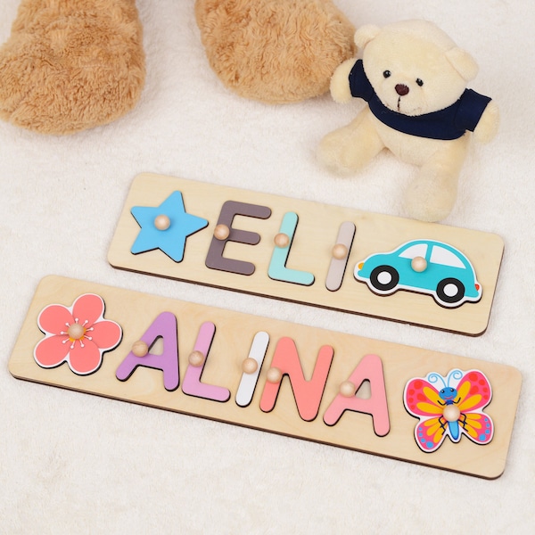 Personalized Baby Gift, First Birthday Gift, New Born Baby Gift, Custom Wooden Name Puzzle with Pegs, Baby Shower Gift, Toy with Butterfly