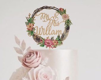 Mr and Mrs Cake Topper for Garden Wedding Boho Forest Outdoor Rustic, Personalized Cake Topper with  Water Color Floral Wreath Clip Art