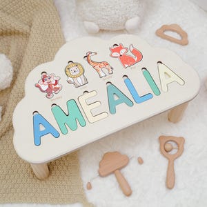 Custom Cloud-Shaped Name Puzzle Stool – Personalized Toddler Step Stool, Baby Shower or Birthday Gift, 1st Christmas Gift