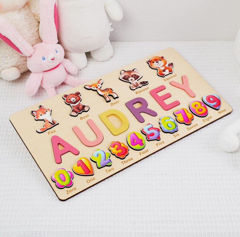 Custom Wooden Name Puzzle With Numbers and Animals, Personalized Toy ...