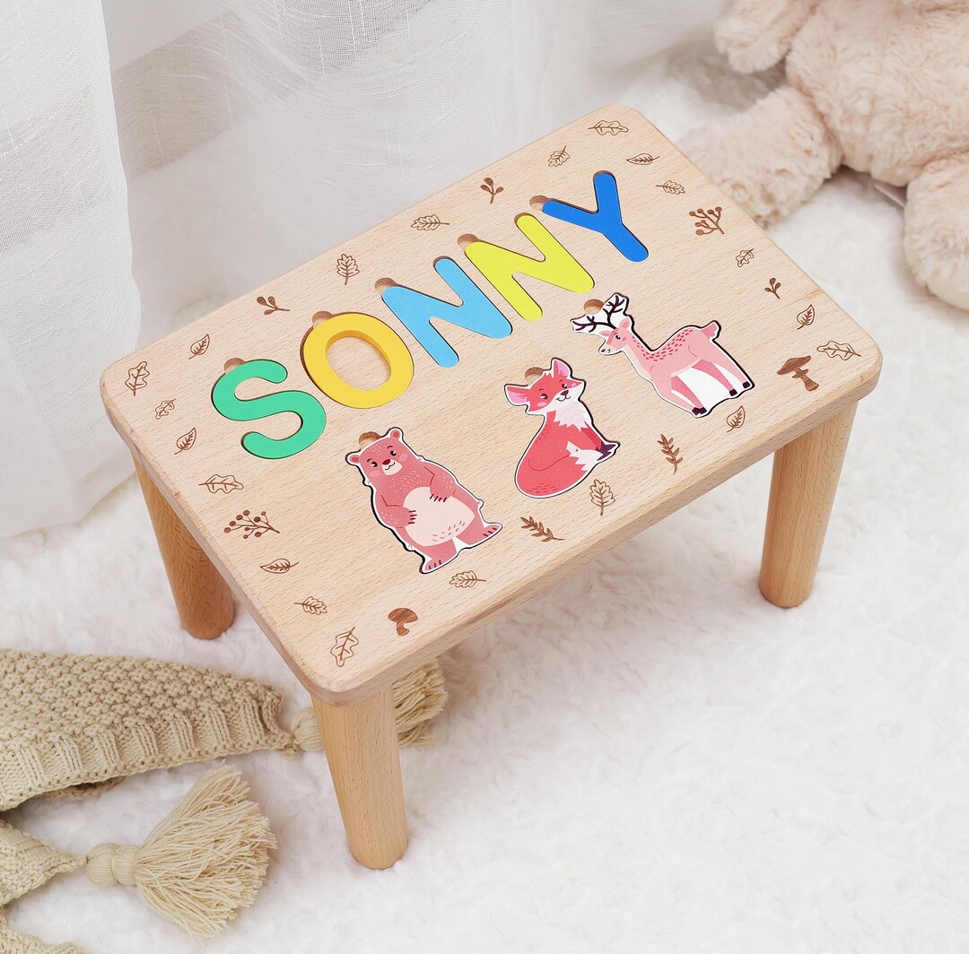 Wooden Name Puzzle Stool Personalized Stool With Colorful Animals ...