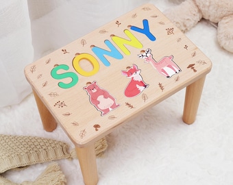Wooden Name Puzzle Stool Personalized Stool with Colorful Animals Childs Name Stool Keepsake Baby 1st Birthday Gift Kids Room Easter Gift