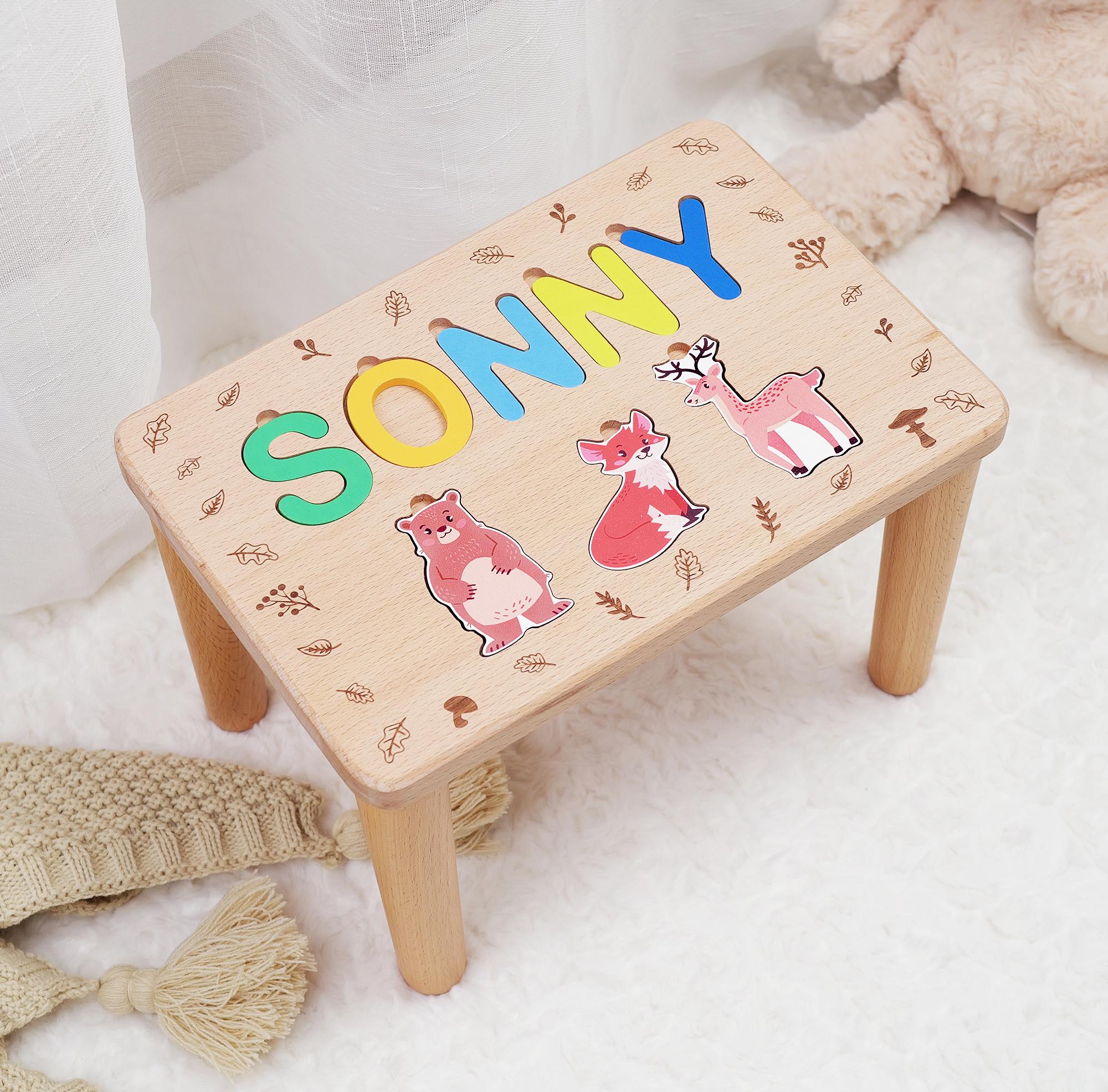 Wooden Name Puzzle Stool Personalized Stool With Colorful Animals ...