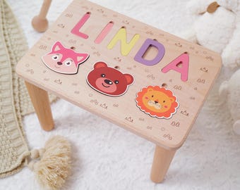 Personalized Toddler Name Puzzle Step Stool, Kids Puzzle Stool Bench with Name, Baby Boy Birthday Gift, Baby Shower Gift Wooden Helper Chair