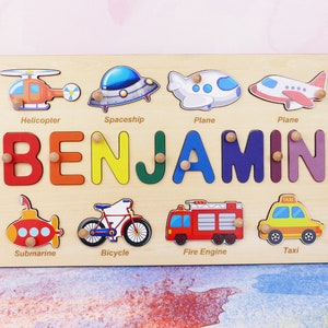 Personalized Transportation Name Puzzle for Kids Educational Baby Gift with Cars, Trucks, Trains, Planes, Boats, Handmade Wood Toy 7141523 image 2