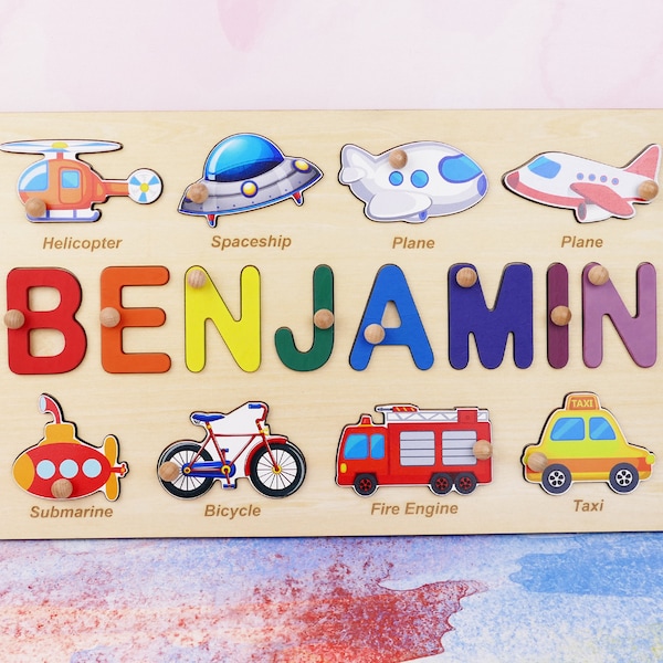 Christmas Gift for Babies, 2nd Birthday Gift for Baby Boy, Wooden Name Puzzle with Vehicles, Personalized Wooden Memory Toy, Gift for Nephew