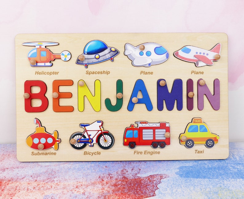 Christmas Gift for Babies, 2nd Birthday Gift for Baby Boy, Wooden Name Puzzle with Vehicles, Personalized Wooden Memory Toy, Gift for Nephew image 3